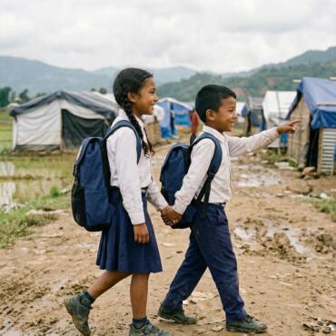 Lachende nepalesische Schulkinder in Seitenansicht mit blauen Schulrucksäcken auf dem Weg durch das Krisengebiet Nuwakot