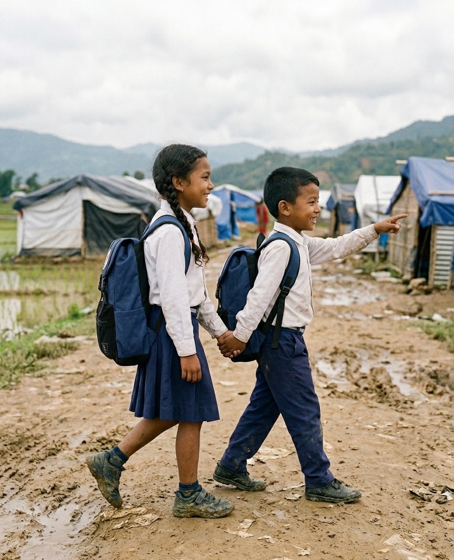 Lachende nepalesische Schulkinder in Seitenansicht mit blauen Schulrucksäcken auf dem Weg durch das Krisengebiet Nuwakot