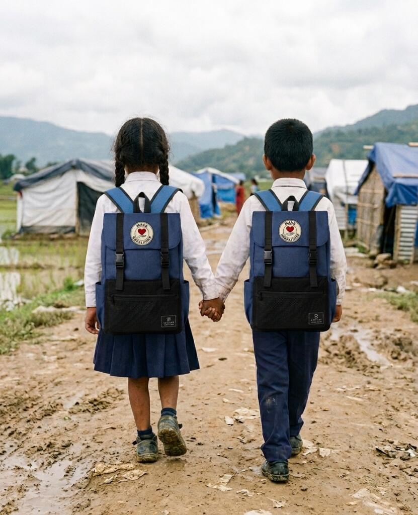 Mädchen und Junge in Nuwakot mit blauen Maya Nepalhilfe Schulrucksäcken auf dem Schulweg